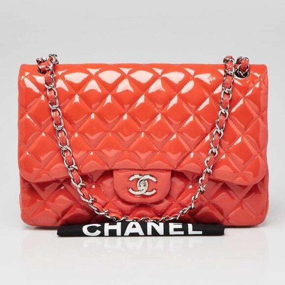 Chanel Pink Quilted Patent Leather Classic Jumbo Double Flap Bag - Picture 1 of 12